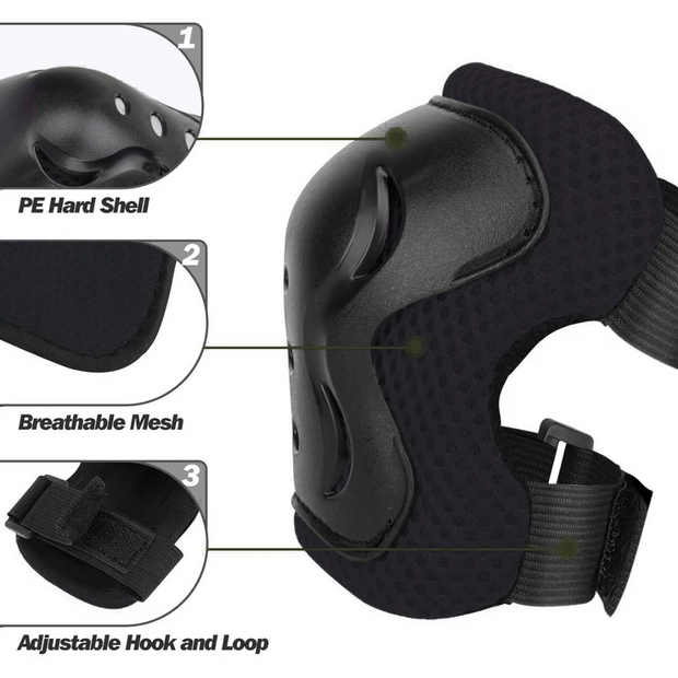 SPARTAN KNEE & ELBOW PADS AND WRIST PROTECTIVE SET AGE 9-15 BLACK